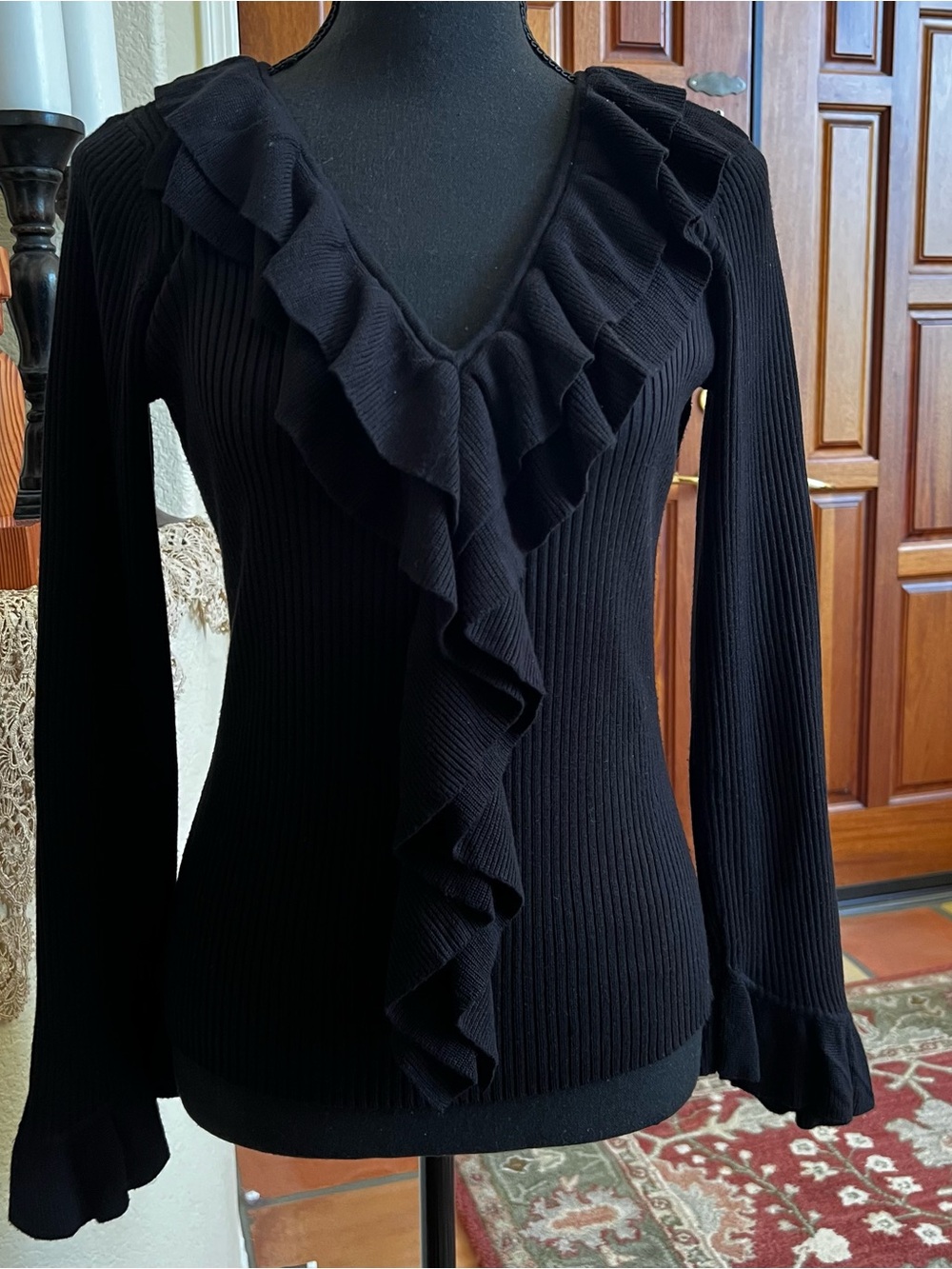 INC International Concepts Black Ribbed V-Neck Ruffle Sweater